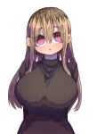  1girl :o @_@ black_hair black_shirt blonde_hair blush breasts brown_hair eyebrows_visible_through_hair highres kinjo_no_hito_no_nakimushi large_breasts long_sleeves looking_at_viewer looking_down multicolored_hair ochiai_(kinjo_no_hito_no_nakimushi) shirt simple_background two-tone_hair upper_body white_background zyugoya 