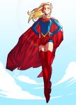 1girl absurdres blonde_hair blue_eyes blue_sky cape clouds dc_comics full_body hands_on_hips highres long_hair long_sleeves looking_at_viewer ratsays_squeak red_cape red_footwear sky smile solo supergirl superhero superman_(series) thigh-highs 