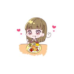  1girl ahoge blush braid brown_dress brown_hair center-flap_bangs cherry closed_mouth commentary dress drooling food food_art fried_rice fruit hamburger_steak harusame_soup_(har_s_k) hasu_no_sora_school_uniform heart heart_ahoge highres holding holding_spoon hungry kachimachi_kosuzu link!_like!_love_live! love_live! mini_flag neckerchief negative_space okosama_lunch pink_eyes pudding school_uniform shrimp shrimp_tempura side_ahoge side_braids simple_background solo spoon tako-san_wiener tempura virtual_youtuber wavy_mouth white_background winter_uniform yellow_neckerchief 