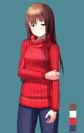  1girl bangs blue_background blush brown_eyes brown_hair color_guide denim drive_girls eyebrows_visible_through_hair highres hispol_(04-uma-alpha) jeans lancier_(drive_girls) looking_at_viewer open_hand pants ribbed_sweater smile solo sweater turtleneck turtleneck_sweater 
