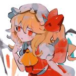  1girl ascot blonde_hair bow crystal fang flandre_scarlet hand_on_own_cheek hand_on_own_face hat hat_bow highres medium_hair mob_cap one_side_up open_mouth painting_(medium) pillow_hat ponytail puffy_short_sleeves puffy_sleeves red_bow red_eyes red_skirt red_vest short_sleeves side_ponytail simple_background skirt sobamushi_mo solo touhou traditional_media vest white_background white_skirt wings yellow_ascot 
