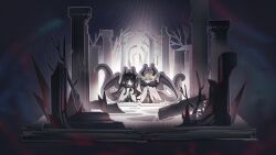  1boy 1girl ahoge alternate_species arknights black_eyes black_hair blonde_hair blue_eyes book chibi cloak closed_mouth column cousins crossed_bangs demon_horns demon_wings dot_mouth executor_(arknights) executor_(gargoyle)_(arknights) full_body fur-trimmed_cloak fur_trim highres horns looking_at_viewer official_art pillar sidelocks smile standing tail third-party_source virtuosa_(arknights) virtuosa_(gargoyle)_(arknights) white_cloak wings 