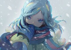  1boy aqua_eyes aqua_hair blue_mittens blue_scarf commentary_request grey_background grusha_(pokemon) hand_up long_sleeves looking_at_viewer male_focus memeppo mittens outdoors pokemon pokemon_sv scarf scarf_over_mouth signature snowing solo striped_clothes striped_scarf upper_body watermark 