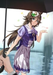  1girl animal_ears bangs blowing_kiss brown_hair green_eyes hair_ornament hairclip hand_up hat holding holding_umbrella horse_ears horse_girl horse_tail looking_at_viewer mini_hat mini_top_hat misu_kasumi mr._c.b._(umamusume) outdoors pov pov_hands puffy_short_sleeves puffy_sleeves purple_shirt rain sailor_collar school_uniform shirt short_sleeves skirt smile tail teeth thigh-highs top_hat tracen_school_uniform umamusume umbrella walking white_skirt 