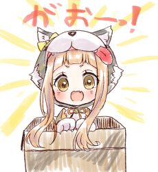  1girl :d animal_costume animal_ear_fluff animal_ears blush box brown_eyes brown_hair cardboard_box chibi commentary_request fang fangs highres hood hood_up ichihara_nina idolmaster idolmaster_cinderella_girls idolmaster_cinderella_girls_starlight_stage in_box in_container long_hair looking_at_viewer rino_cnc smile solo tongue tongue_out translation_request very_long_hair white_background wolf_costume wolf_ears wolf_hood 