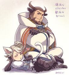  :o animal_ears blonde_hair blowing_kiss blue_jacket boots bravely_default:_flying_fairy bravely_default_(series) bravely_second:_end_layer brown_boots brown_eyes brown_gloves brown_hair brown_pants cat_boy cat_ears cat_tail cow_boy cow_ears crossed_arms earrings elbow_gloves fur_trim gloves green_eyes heart jacket jewelry looking_at_another looking_at_viewer lying male_focus nikolai_nikolanikov on_side one_eye_closed pants ringabel satou_kivi simple_background tail white_background 