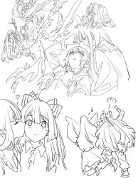  2girls barefoot blush bow branch closed_eyes closed_mouth collared_shirt commentary_request fighting fire fujiwara_no_mokou greyscale hair_bow hand_on_another's_shoulder heart highres houraisan_kaguya jeweled_branch_of_hourai kiss kissing_cheek lap_pillow long_hair mero_(starfish_jcs) monochrome multiple_girls musical_note open_mouth pyrokinesis shirt shoes smile spoken_blush sweatdrop toes touhou very_long_hair wide_sleeves yuri 