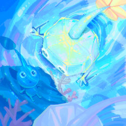  black_eyes blue_pikmin blue_skin blue_theme colored_skin coral creature creature_focus flower from_above highres ice ice_pikmin leaf looking_at_another no_humans on_rock pikmin_(creature) pikmin_(series) sitting submerged swimming triangle_mouth water yellow_flower yu_pikmin 