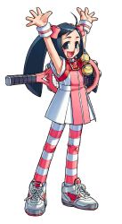  1girl :d \o/ arms_up ball black_hair blush_stickers bow dress edaki_shin'ya full_body game_cg hair_bow highres horizontal-striped_thighhighs karuizawa_momo long_hair looking_at_viewer multiple_hair_bows non-web_source official_art outstretched_arms project_justice racket rival_schools shoes simple_background smile sneakers solo standing striped_clothes striped_sweatband striped_thighhighs tennis tennis_ball tennis_racket thigh-highs transparent_background twintails white_background 
