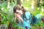  1girl blue_dress blurry blurry_background braid brown_hair douluo_dalu dress flower grass hair_ornament highres long_hair looking_at_viewer lying ning_rongrong_(douluo_dalu) on_side open_mouth r_jiu_yu solo teeth upper_body vegetation 