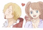  1boy 1girl blue_eyes brown_hair btshp5120787 charlotte_pudding closed_eyes commentary_request dress drill_hair facial_hair food fork goatee heart hidden_face one_piece open_mouth sanji smile 