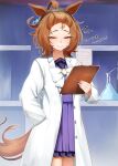  1girl agnes_tachyon_(umamusume) ahoge animal_ears bangs_pinned_back brown_hair clipboard closed_mouth earrings erlenmeyer_flask flask hairband half-closed_eyes hand_in_pocket highres holding holding_clipboard horse_ears horse_girl horse_tail indoors jewelry labcoat long_sleeves looking_at_viewer medium_hair motsushi notice_lines paper pleated_skirt purple_shirt purple_skirt raised_eyebrows red_eyes school_uniform shirt single_earring skirt smile solo tail tracen_school_uniform translation_request umamusume upper_body 