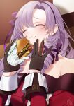  1girl :t asazuke25 bangs bare_shoulders blush brown_gloves burger claw_ring closed_eyes closed_mouth dress drill_hair eating food food_on_face gloves hair_ornament hair_ribbon hairband highres holding holding_food hyakumantenbara_salome long_hair long_sleeves nijisanji purple_hair purple_hairband purple_ribbon red_dress ribbon solo upper_body virtual_youtuber 