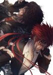  2boys ardyn_izunia back-to-back bangs black_jacket brown_hair collarbone crossover facial_mark final_fantasy final_fantasy_vii final_fantasy_vii_remake final_fantasy_xv fingerless_gloves floral_print frilled_shirt_collar frills gloves goggles goggles_on_head grey_eyes hat hat_removed headwear_removed highres holding holding_clothes holding_hat jacket long_hair low_ponytail medium_hair moriiiiiiiiiinn multiple_boys open_clothes open_shirt parted_bangs redhead reno_(ff7) rose_print shirt spiky_hair upper_body wavy_hair white_background white_shirt 