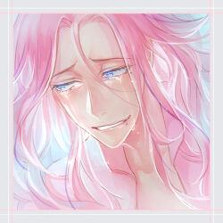  1boy alternate_hair_color bike_jersey blue_background blush border collarbone crying crying_with_eyes_open curtained_hair eyelashes furrowed_brow grey_border hair_between_eyes hair_over_shoulder inset_border jacket long_hair looking_to_the_side makishima_yuusuke male_focus mkprbot mole mole_under_eye mole_under_mouth multicolored_hair multiple_moles nose_blush open_clothes open_jacket parted_bangs pink_border pink_hair portrait raised_inner_eyebrows sad_smile smile solo streaked_hair tears wavy_hair white_border yowamushi_pedal 