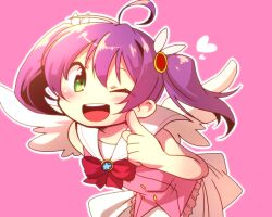  1girl :d ahoge aka_muffler_yamato angel_wings blue_gemstone blush bow bowtie buttons deformed dot_nose frilled_shirt frills gem gem_hair_ornament green_eyes hair_between_eyes hair_bow hand_up heart himeno_kotori leaning_forward looking_at_viewer mini_wings one_eye_closed open_mouth outer_glow outline pink_background pink_shirt pointing pointing_at_self purple_hair raised_eyebrows red_bow red_bowtie red_gemstone sailor_collar shirt short_twintails simple_background skirt sleeveless smile solo teeth twintails upper_teeth_only white_bow white_outline white_sailor_collar white_skirt white_wings wings yowamushi_pedal 
