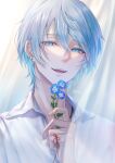  1boy absurdres bangs blue_eyes blue_flower blue_hair collarbone curtains earrings flower flower_request hair_between_eyes half-closed_eyes hand_up highres holding holding_flower jewelry looking_at_viewer male_focus mutsuki_ry original parted_lips portrait short_hair signature smile solo string string_of_fate stud_earrings 