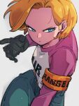 1girl android_18 belt black_gloves blonde_hair blue_eyes dragon_ball dragon_ball_super earrings gloves jewelry kemachiku long_sleeves multicolored_shirt pants pink_shirt raglan_sleeves shirt short_hair simple_background solo white_shirt