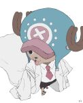  animal antlers antlers_through_headwear coat doctor from_above hat necktie no_humans one_piece reindeer_antlers solo tony_tony_chopper ufkqz walking white_background 