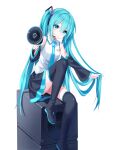  1girl absurdres arm_tattoo bangs black_footwear black_skirt black_sleeves blue_eyes blue_hair blue_necktie boots breast_pocket closed_mouth collared_shirt detached_sleeves eyebrows_visible_through_hair feet_out_of_frame hair_between_eyes hair_ornament hatsune_miku headphones headset highres holding holding_hair holding_megaphone ille_(xcpa7325) long_hair looking_at_viewer megaphone microphone miniskirt necktie number_tattoo pleated_skirt pocket shirt simple_background sitting skirt sleeveless sleeveless_shirt smile solo tattoo thigh_boots twintails very_long_hair vocaloid white_background white_shirt wing_collar zettai_ryouiki 