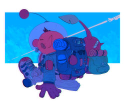  1boy adapted_costume backpack bag bag_charm bandaid bandaid_on_cheek bandaid_on_face bandaid_on_head belt belt_buckle big_nose black_belt blue_pikmin blue_sky brown_hair brown_jacket brown_shoes buckle character_charm charm_(object) closed_eyes clothes_around_waist clouds colored_skin expressionless from_behind full_body gloves glow_pikmin highres ice_pikmin jacket jacket_around_waist leaf male_focus olimar patch pikmin_(creature) pikmin_(series) pink_nose pointy_ears pointy_nose purple_pikmin red_gloves red_pikmin red_skin shoe_belt shoes short_hair sitting sky sleeping_bag spacecraft spacesuit very_short_hair whistle white_background white_pikmin yellow_pikmin yu_pikmin 