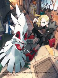  1boy akikan_(kantaro) alley bag black_pants blonde_hair closed_mouth commentary_request ear_piercing gladion_(pokemon) graffiti hood hood_down long_sleeves looking_at_viewer male_focus official_art open_mouth pants piercing pokemon pokemon_(creature) pokemon_sm pokemon_tcg pokemon_tcg_pocket red_bag red_shoes shoes silvally sitting torn_clothes 