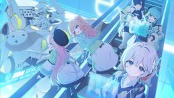  5girls absurdres artist_request black_hair blonde_hair blue_eyes blue_hair blunt_bangs braid character_request cleavage_cutout clothes_around_waist clothing_cutout collared_shirt commentary_request escalator grey_hair hair_between_eyes hat headset highres jacket long_hair loose_socks mecha multiple_girls muv-luv muv-luv_girls_garden official_art open_clothes open_jacket pink_hair robot shirt socks turtleneck twin_braids twintails 