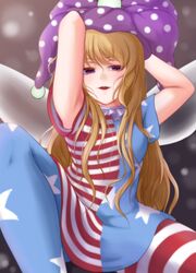  1girl alternate_hair_color american_flag_dress american_flag_pants armpits arms_up bangs blush breasts brown_background brown_hair clownpiece dress eyebrows_visible_through_hair eyes_visible_through_hair fairy_wings gradient gradient_background grey_background hair_between_eyes hands_up hat highres jester_cap light_brown_hair long_hair looking_at_viewer medium_breasts neck_ruff open_mouth pants polka_dot purple_headwear riria_(liry_a_flower) short_sleeves sitting smile smug solo star_(symbol) star_print striped striped_dress striped_pants touhou violet_eyes wings 