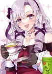  1girl :d bangs bare_shoulders blush bottle brown_gloves chest_tattoo cup dress drill_hair gen_(enji) gloves hair_between_eyes hair_ornament hair_ribbon highres holding holding_cup holding_saucer hyakumantenbara_salome long_sleeves nijisanji official_art purple_hair purple_ribbon red_dress ribbon saucer smile solo tattoo tea teacup upper_body violet_eyes virtual_youtuber 