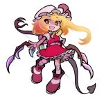  1girl :d ascot bangs blonde_hair boots chibi collared_shirt crystal eyebrows_visible_through_hair fang flandre_scarlet frilled_shirt_collar frilled_skirt frills full_body hat hat_ribbon laevatein_(touhou) looking_to_the_side medium_hair mob_cap one_side_up open_mouth parody puffy_short_sleeves puffy_sleeves puyopuyo red_eyes red_footwear red_ribbon red_skirt red_vest ribbon shinmon_akika shirt short_sleeves simple_background skirt skirt_set smile solo style_parody touhou vest white_background white_headwear white_shirt wings yellow_ascot 
