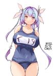  1girl artist_name blue_hair breasts commentary_request cowboy_shot dated hair_ribbon highres i-19_(kancolle) kantai_collection large_breasts leaning_to_the_side long_hair looking_at_viewer name_tag one-hour_drawing_challenge owa_(ishtail) red_eyes ribbon school_swimsuit simple_background solo star-shaped_pupils star_(symbol) swimsuit symbol-shaped_pupils thigh_gap tri_tails white_background 