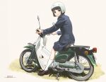  1girl :| black_hair brown_eyes closed_mouth ground_vehicle helmet highres honda_super_cub horikou koguma_(super_cub) loafers motor_vehicle motorcycle_helmet riding school_uniform scooter shoes short_hair simple_background solo super_cub 