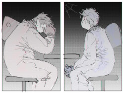  2boys backpack bag black_background blonde_hair blue_bag blue_gloves border brown_hair covering_own_eyes elbows_on_table face-to-face feet_out_of_frame from_side gloves gradient_background highres humanization interlocked_fingers louie_(pikmin) messy_hair multiple_boys no_headwear olimar on_stool own_hands_clasped own_hands_together parted_lips pikmin_(series) pointy_ears red_bag red_gloves short_hair silk sitting spacesuit spider_web table white_border yu_pikmin 