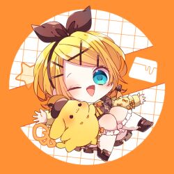  1girl ;d argyle_clothes argyle_vest blonde_hair blue_eyes border bow bow_hairband bowtie brown_hairband brown_shoes brown_vest commentary_request frilled_socks frills full_body grid_background hair_ornament hairband hairclip kagamine_rin kaho_0102 kneehighs long_sleeves looking_at_viewer one_eye_closed open_mouth orange_border orange_bow orange_bowtie outside_border parallel_hairclips parted_bangs pompompurin round_border sanrio shoes short_hair smile socks solo sweater vest vocaloid white_background white_socks x_hair_ornament yellow_sweater 