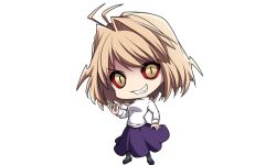  1girl ahoge arcueid_brunestud blonde_hair breasts chibi colored_sclera dark_persona evil_grin evil_smile fingernails floating_clothes floating_hair grin kosumo large_breasts looking_at_viewer melty_blood mystic_eyes mystic_eyes_of_enchantment red_arcueid red_eyes red_sclera sharp_fingernails short_hair skirt smile tsukihime yellow_eyes 