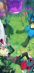  1boy absurdres akikan_(kantaro) black_pants blonde_hair closed_eyes commentary_request crobat fangs flower gladion_(pokemon) grass green_eyes grin hair_over_one_eye highres leaf licking lucario lying male_focus on_back open_mouth pants pokemon pokemon_(creature) pokemon_sm pokemon_tcg pokemon_tcg_pocket red_flower silvally sitting smile tongue torn_clothes torn_pants tree weavile yellow_flower 