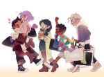  2boys 3girls ahoge amity_blight bag black_hair blonde_hair boots brown_hair casual couple dark-skinned_female dark-skinned_male dark_skin flying_sweatdrops glasses gus_porter handbag hawaiian_shirt heart high_heel_boots high_heels highres hood hoodie hug hunter_(the_owl_house) jacket lifting_person long_skirt looking_at_another luz_noceda multiple_boys multiple_girls plant pointy_ears potted_plant purple_hair round_eyewear shirt shoes shopping_bag skirt sneakers su_ggushi sweatdrop the_owl_house twintails walking willow_park yuri 