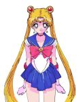  1girl bishoujo_senshi_sailor_moon blonde_hair blue_skirt bow earrings jewelry magical_girl murimajimuri red_bow sailor_moon simple_background skirt solo tears white_background 