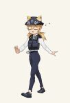  1girl :3 animal_ears bangs belt black_belt black_footwear blonde_hair blue_pants body_armor body_cam cat_ears cellphone checkered_clothes checkered_necktie closed_eyes collared_shirt cuffs dongdong_(0206qwerty) dress_shirt epaulettes fang girls_frontline handcuffs hat highres idw_(girls&#039;_frontline) load_bearing_equipment load_bearing_vest long_hair long_sleeves music musical_note necktie no_socks open_mouth pants phone pocket police police_hat police_uniform policewoman shirt shoes sidelocks simple_background singing twintails uniform walking white_background white_shirt 