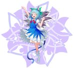  1girl ;d absurdres animal_ears blue_dress blue_eyes blue_hair bow cat_ears cat_tail cirno dress full_body hair_bow happy highres ice kemonomimi_mode looking_at_viewer mitaojiu_(wumiaoxiao_mengjiu) one_eye_closed open_mouth puffy_short_sleeves puffy_sleeves short_hair short_sleeves smile socks solo tail touhou wings 