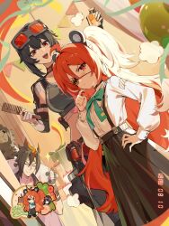  2boys 2girls animal_ear_hairband animal_ears anton_ivanov arm_tattoo bear_boy bear_ear_hairband bear_ears ben_bigger bottle brown_fur closed_eyes comb dated embarrassed english_commentary eyepatch fake_animal_ears furry furry_male goggles goggles_on_head hairband highres holding holding_bottle holding_comb koleda_belobog long_hair multiple_boys multiple_girls notched_ear official_alternate_costume official_art perfume_bottle safety_(zenless_zone_zero) scar scar_across_eye scar_on_face school_uniform tattoo thumbs_up zenless_zone_zero 