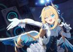  1girl ;d absurdres ahoge blonde_hair blue_eyes blue_hairband blue_ribbon dress_shirt elbow_gloves feathered_wings floating_hair gloves hair_intakes hair_ribbon hairband highres holding holding_microphone idol long_hair microphone one_eye_closed open_mouth original pellas_(panix2383) ribbon shiny shiny_hair shirt short_sleeves smile solo stage underbust very_long_hair white_gloves white_shirt white_wings wings 