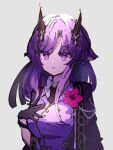  1girl arknights bangs black_gloves bracelet commentary_request eyebrows_visible_through_hair flower gloves hibiscus_(arknights) hibiscus_the_purifier_(arknights) horns jewelry long_hair mgmg_cc211 necktie parted_lips purple_hair solo violet_eyes white_background 