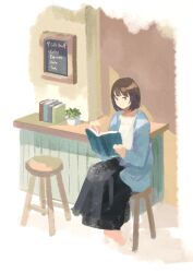  1girl black_skirt blue_cardigan book border brown_eyes brown_hair cardigan closed_mouth commentary_request counter dot_nose english_text highres holding holding_book indoors light_smile long_sleeves looking_at_viewer menu_board no_pupils on_stool open_book open_cardigan open_clothes original plant potted_plant shirt sitting skirt solo split_mouth touchika white_border white_shirt wooden_stool 