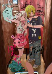  1boy 1girl absurdres alternate_costume animal_bag arm_warmers bag black_shirt black_shoes blonde_hair bracelet brown_hair cellphone choker colored_inner_hair full_body green_eyes hair_between_eyes hair_ornament hairclip hasu heart heart_hair_ornament highres holding holding_phone jewelry layered_skirt long_hair makaino_ririmu mirror_selfie multicolored_hair necklace nijisanji pants phone pink_eyes pink_hair pink_skirt plaid_clothes plaid_skirt platform_shoes pleated_skirt ring selfie shirt shoes short_hair short_sleeves shoulder_bag single_arm_warmer skirt smartphone sneakers spiked_choker spikes star_(symbol) star_hair_ornament t-shirt tank_top torn_clothes torn_pants two-tone_hair two_side_up uzuki_kou v virtual_youtuber white_tank_top x_hair_ornament 