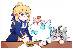  2girls ahoge animal_ears aqua_bow artoria_pendragon_(fate) blonde_hair blue_bow blue_dress blush_stickers border bow burger commentary confrontation crossover crown diamond_hairband dress english_commentary fate/stay_night fate_(series) floating food frilled_sleeves frills glaring grey_hair hair_bow highres honkai:_star_rail honkai_(series) horse_ears horse_girl in-franchise_crossover little_ica_(honkai:_star_rail) multicolored_hair multiple_girls oguri_cap_(umamusume) peeking_out pegasus pegasus_wings plate puffy_sleeves rewuyuu saber_(fate) saber_(honkai:_star_rail)_(fate) sidelocks simple_background sneaking sparkling_eyes standing table trait_connection two-tone_hair umamusume white_background white_border white_hair wings 