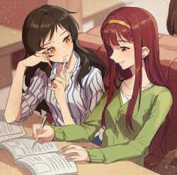  2girls book brown_eyes brown_hair closed_mouth collared_shirt green_sweater grin hano9789 highres holding holding_pencil idolmaster idolmaster_million_live! indoors kitazawa_shiho long_hair long_sleeves looking_at_another looking_down looking_to_the_side mechanical_pencil multiple_girls open_book pencil pinstripe_pattern pinstripe_shirt red_eyes red_hair shirt sitting sleeves_rolled_up smile sweater table tanaka_kotoha yuri 