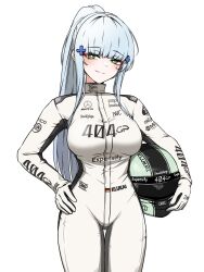 1girl blue_hair bodysuit cross_hair_ornament flashbang formula_one german_flag girls'_frontline_2:_exilium girls_frontline gloves green_eyes hair_ornament helmet high_ponytail highres hk416_(girls'_frontline) holding klukai_(girls'_frontline_2) mercedes-benz ponytail racing_suit reynamadrista smile solo tattoo teardrop_facial_mark teardrop_tattoo white_gloves 