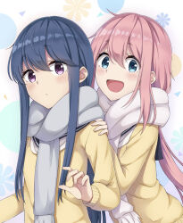 2girls blue_eyes blue_hair blue_sailor_collar cardigan closed_mouth darknessukaru double-parted_bangs grey_scarf hair_between_eyes hand_on_another's_shoulder highres kagamihara_nadeshiko long_hair long_sleeves looking_at_viewer motosu_school_uniform multiple_girls neckerchief open_mouth pink_hair sailor_collar scarf school_uniform shima_rin smile upper_body violet_eyes white_background white_neckerchief white_scarf yellow_cardigan yurucamp 