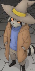  1boy animal_ears artesswrendour black_boots blue_shirt booker_t._raccoon boots brown_hat brown_jacket closed_mouth cobblestone colored_sclera english_commentary from_above furry furry_male hands_in_pockets hat highres hood hood_down hooded_jacket jacket legends_of_avantris looking_at_viewer looking_up male_focus raccoon_boy raccoon_ears raccoon_tail red_sclera shirt signature tail 